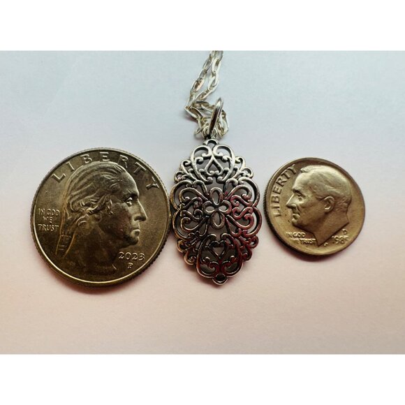 Estate Sterling Silver Filigree Pendant Necklace, 24” Oval Link Chain, Italy, 4. - Picture 11 of 13